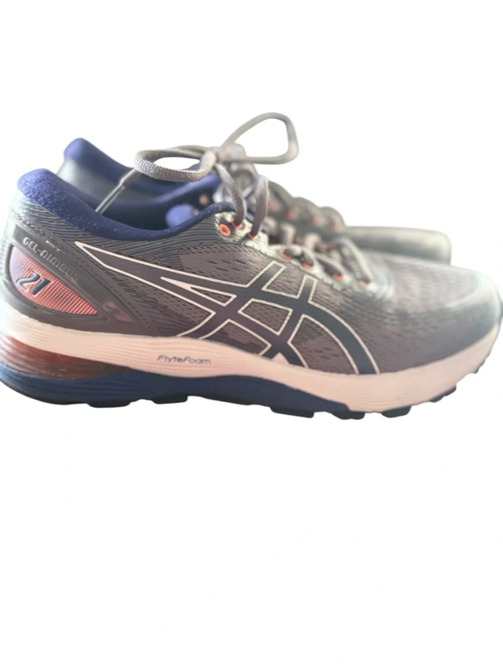ASICS Woman’s Gray and Navy Running Shoes with Coral Highlights